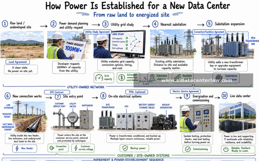 Establishing power for a new data center